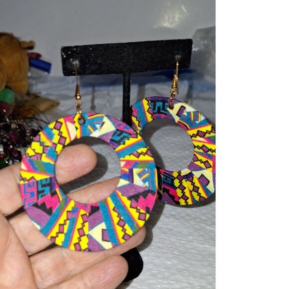 Ankara African Style Fabric Large Hoop Earrings Tribal Boho Colorful Dangle Drop - Picture 4 of 6